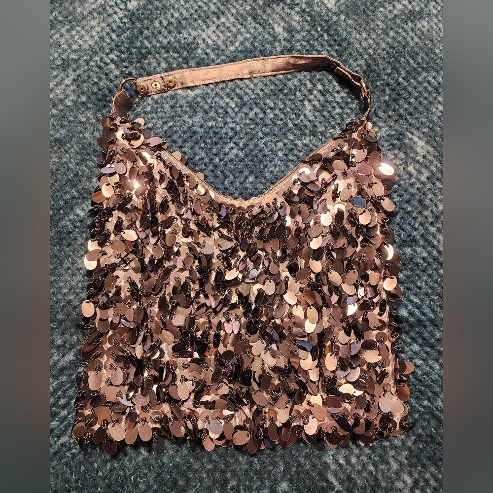 Sequin Embellished Gray Shoulder Bag